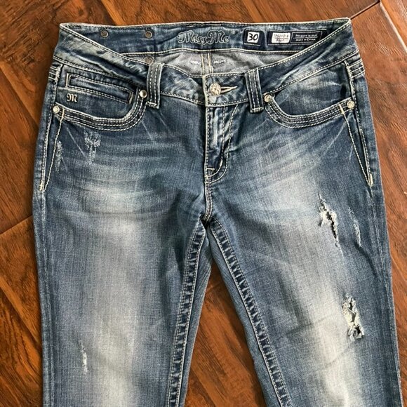 Miss Me Jeans Womens 30 Fleur de Lis Embellished Bootcut Distressed Denim - Picture 8 of 11